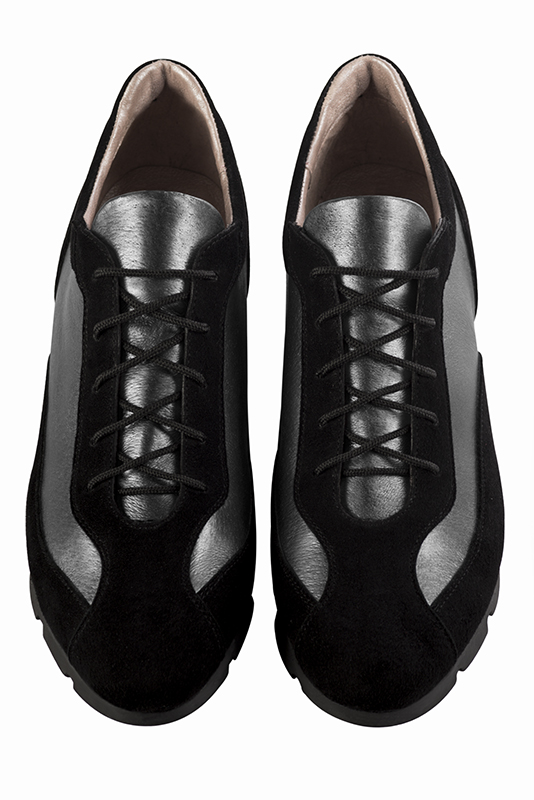 Matt black and dark silver women's open back shoes. Round toe. Flat rubber soles. Top view - Florence KOOIJMAN